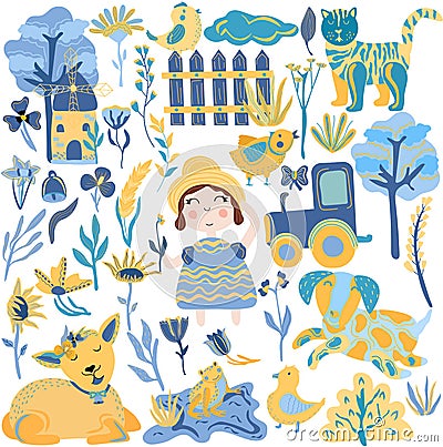 Big set elements in yellow and blue colors leaves, flowers, girl, funny dog, cute chick, frog on the pond, lamb, cat and Vector Illustration