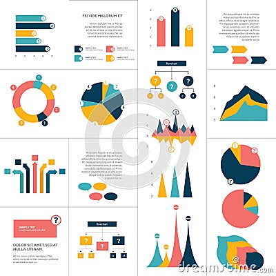 Big set of flat infographics elements. Chart, graph, diagram, scheme, flowchart, bubble included. Vector Illustration