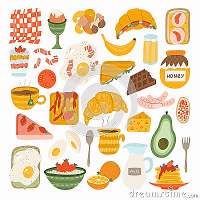 Big set of food and beverage for breakfast. Different variations for meal: vegetarian, healthy, fried, meat. Popular products. Egg Vector Illustration