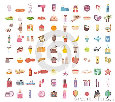 Big set of food, drink bodycare, travel and summer holiday related objects and icons. For use on poster, banner, card Vector Illustration