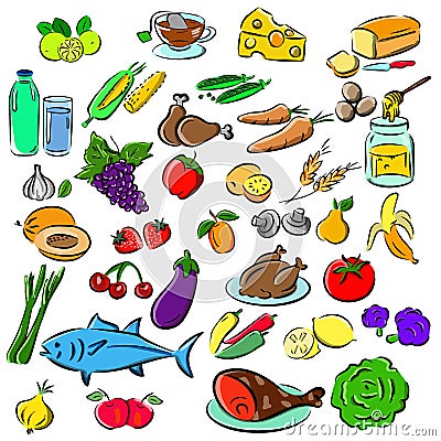 Big set: food icons various delicious dishes . Traditional cuisine. Main course. Healthy junk food, seafood, fast food Vector Illustration
