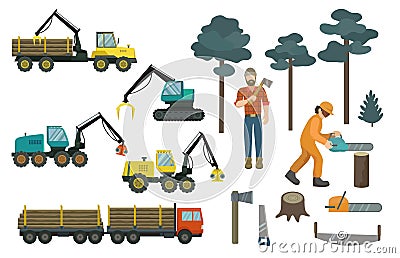 Big set of forestry industry, vehicles and equipment. Vector illustration. Vector Illustration
