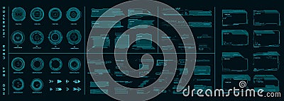 Big set frames with description and HUD data for a personal computer. Holographic Frames and Dialogue Callouts, Circles and Target Vector Illustration