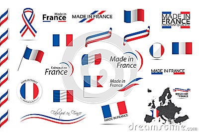 Big set of French ribbons, symbols, icons and flags isolated on a white background, Made in France, Welcome to France Vector Illustration