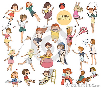 Big set of fun kids illustrations in various summer activities on playground. Girls playing outdoors, smiling, hugging, jumping. Cartoon Illustration