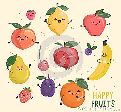 Big set of funny cheerful fruits characters. Vector Illustration
