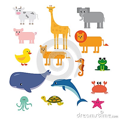 Big set of funny domestic and wild animals, marine mammals, reptiles, birds and fish.Collection of cute cartoon characters isolate Cartoon Illustration