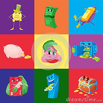 Big set of funny money cartoon characters Vector Illustration