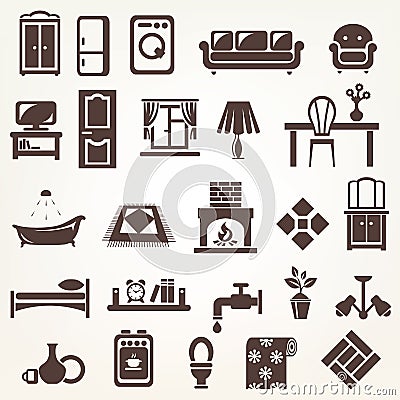 Big set of furniture and home related silhouettes and icons Vector Illustration