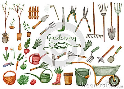 Watercolor big set with gardening farming tools. Cartoon Illustration