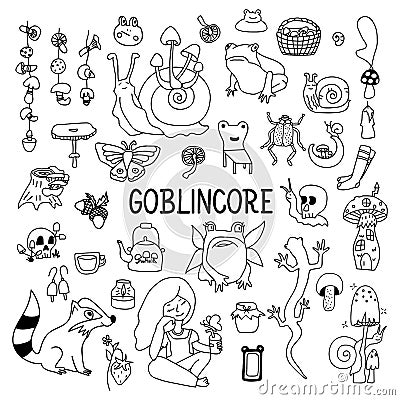 Big set of goblincore doodle with snail, strawberry, frog, girl, teapot, mushroom. Vector cottagecore illustrations on white Vector Illustration