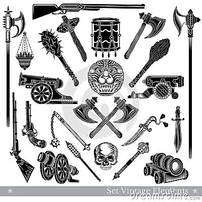Big set of graphic ancient weapons Vector Illustration