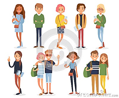 Big set group of diverse flat cartoon characters style young people couples in different poses Vector Illustration