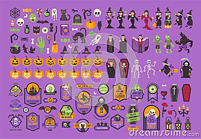 Big set of Halloween elements and characters. Flat Halloween illustration collection Vector Illustration