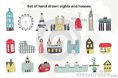 Big set of hand drawn cartoon buildings and sights of Europe and other countries. Vector illustration Vector Illustration