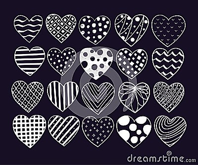 Big set of hand drawn hearts. Valentine vector sketch doodle. Graphic design elements. Trendy textures, lines, dots Vector Illustration