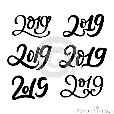 Big set of 2019 hand drawn inscriptions. New Year and Christmas Vector Illustration
