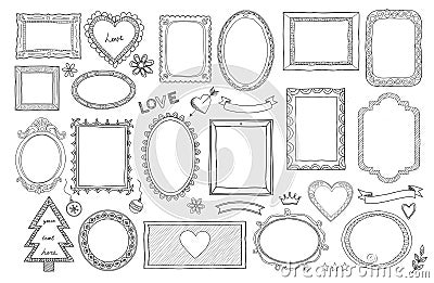 Big set of hand drawn isolated frames and different elements: hearts, banners, flowers, lettering. Stock Photo