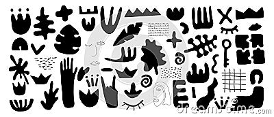 Big set hand drawn shapes. Nature doodle elements and objects. Abstract black silhouette various leaves and flowers Vector Illustration