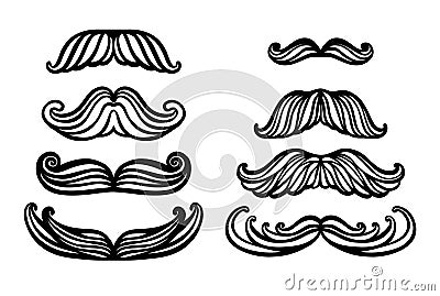 Big set of hand drawn vector mustache. Funny mustache. Collection of cartoon barber silhouette hairstyle . Various types Vector Illustration