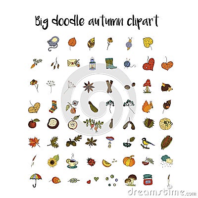 Big set of handdrawn unique autumn icons. Vector Illustration