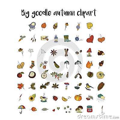 Big set of handdrawn unique autumn icons. Vector Illustration