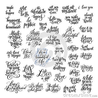 big set of handwritten positive inspirational quotes brush typography Vector Illustration