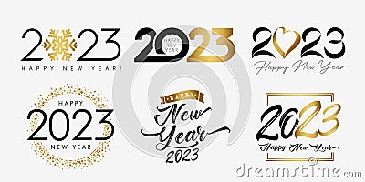 Big Set of 2023 Happy New Year, golden and black logo with snowflake, heart, inscription Vector Illustration