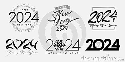 Big Set of 2024 Happy New Year silver and black logo with heart, snow, lettering symbols Vector Illustration