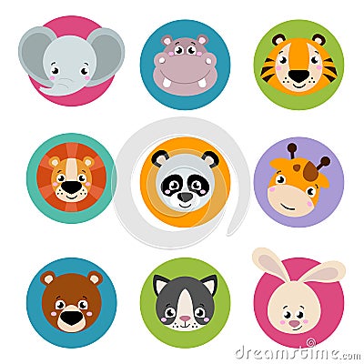 Big set head of animals icons. Vector collection funny face of animals Vector Illustration