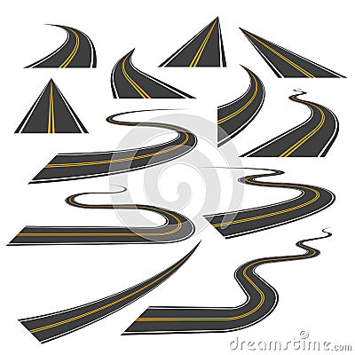 Big set of highway or road curves, turns, and perspectives. Vector Illustration