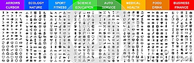 Big set icons by category: arrows, ecology, sport, science, auto, medical, food & drink, business, and many more Vector Illustration