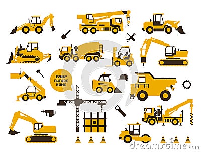 Big set of icons construction work. Building machinery, special transport. Heavy Equipment. Trucks, cranes, tractors Vector Illustration