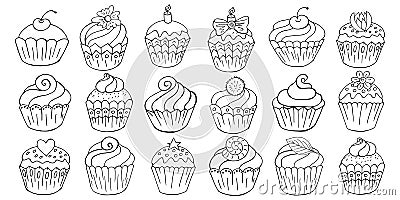 Big Set of icons of cupcakes, muffins in hand draw style. Collection of vector illustrations for your design. Sweet Vector Illustration