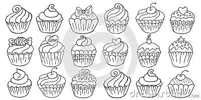 Big Set of icons of cupcakes, muffins in hand draw style. Sweet pastries, muffins. Outline drawing, coloring Vector Illustration
