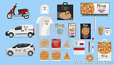 Big set icons of Pizzeria Cafe or Restaurant corporate brand identity mockup isolated. Pizzeria boxes, food delivery car Vector Illustration