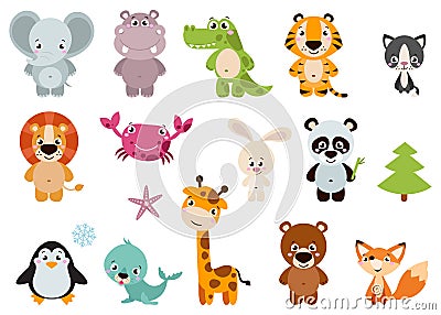 Big set isolated animals. Vector collection funny animals. Vector Illustration