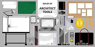 Big set of isolated architect tools. Working & design stuff. Vector illustration. Vector Illustration