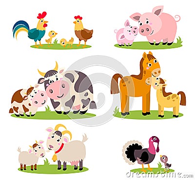 Big set isolated farm birds, animals. Vector collection funny animals, mothers and their children. Vector Illustration