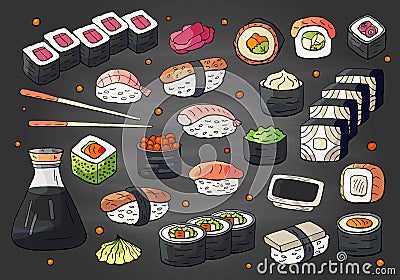 Big set of japan sushi and rolls collection on chalkboard. Vector hand drawn sushi collection, asian food Vector Illustration