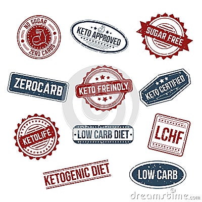 Big set of keto stamps and labels isolated white craft background with grunge effect. LCHF, Low carb, Zerocarb, Keto approved, no Vector Illustration