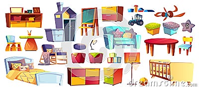 Big set of kids furniture and toys Vector Illustration