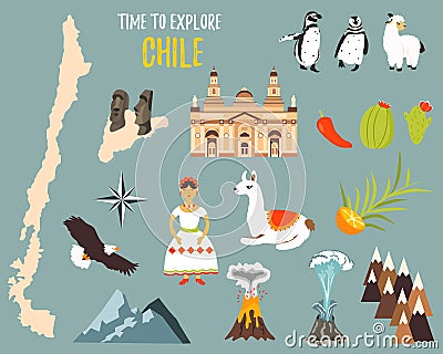 Big Set with landmarks, animals, symbols of Chile Vector Illustration