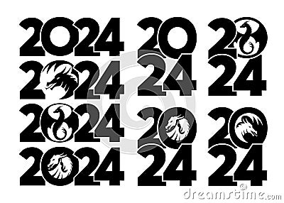 Big Set of logos 2024 with dragons. Icon with the symbol of the year. Simple, modern, black and white illustration. Vector Illustration