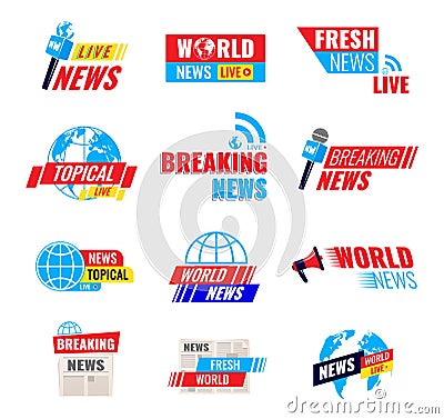 Set logos, logotypes, fresh live news broadcast, social media emblems. Vector Illustration
