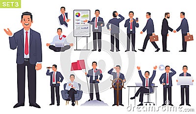 Big set of manager character. Businessman or entrepreneur in different poses and actions. Business man meditates Cartoon Illustration