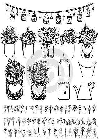 Big set of mason jars and wild flowers for design element for wedding cards, gift card, Valentines card and so on. Stock Vector Vector Illustration