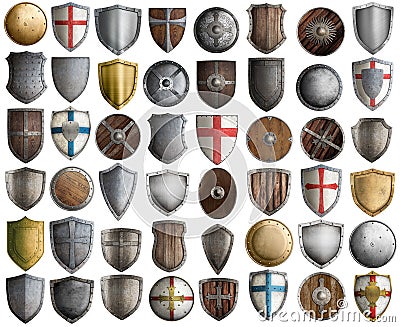 Big set of medieval knight shields isolated 3d illustration Cartoon Illustration