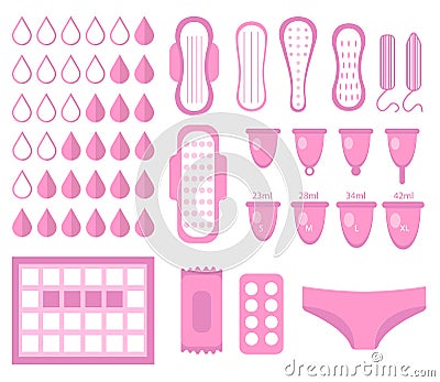 Big set for menstruation, feminine hygiene set. Vector Illustration