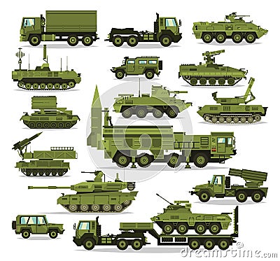 Big set of military equipment. Heavy, reservations and special transport. Equipment for the war. The missile, tanks, trucks, Cartoon Illustration